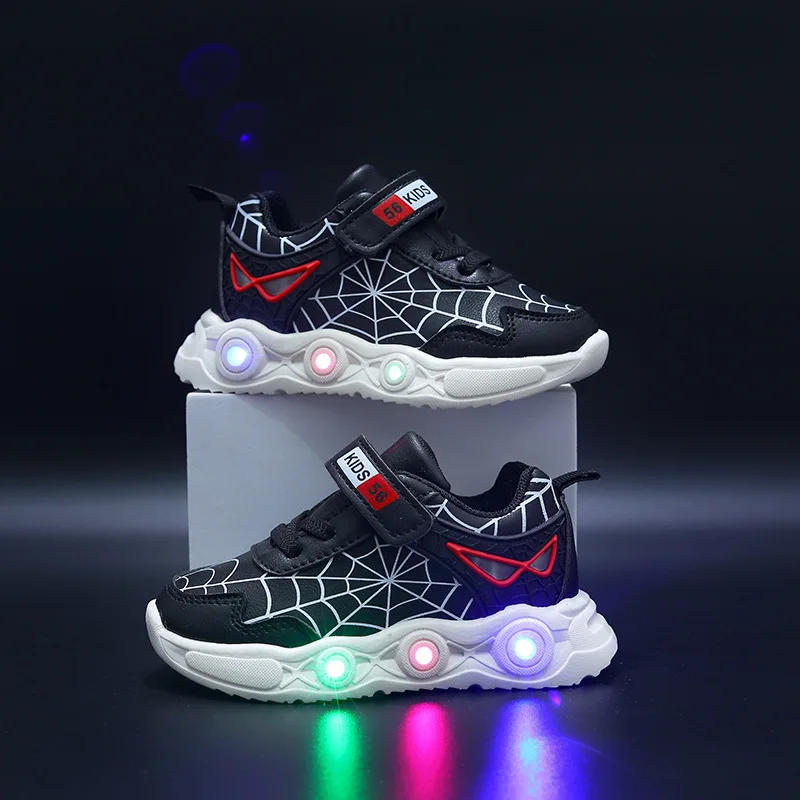 Disney LED Casual Sneakers Red Black For Spring Boys Spiderman Leather Outdoor Shoes Children Lighted Non-slip Shoes Size 21-30