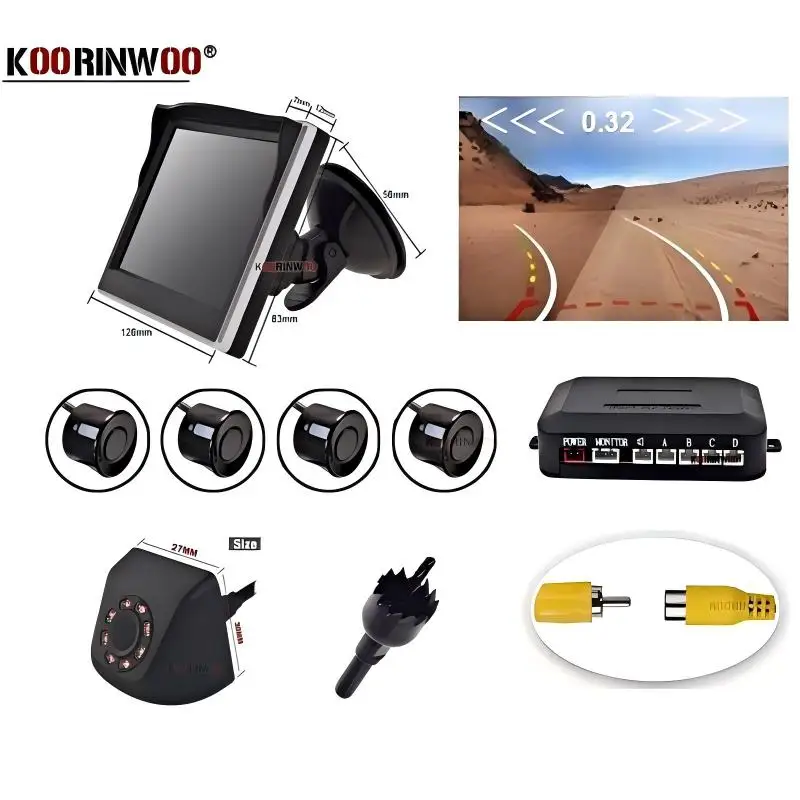 Koorinwoo Wireless Car Parking Sensors 4 Reverse Parktronic Black/white Trajectory Moving Parking Camera With Screen Window Dash