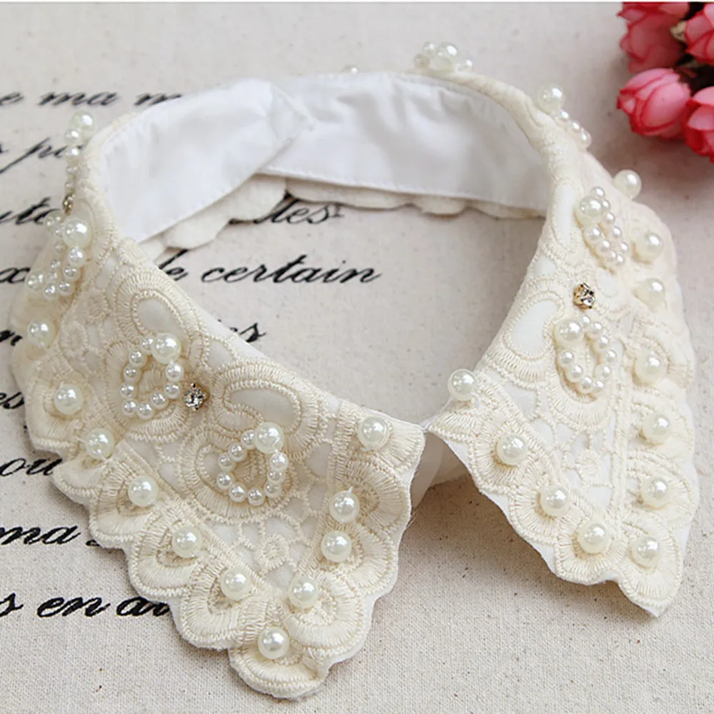 Female Sweet Style Retro Lace Flower Collars Pearl Sparkling Diamond Fake Collar Fashion Stand Collar Ties Women Accessories