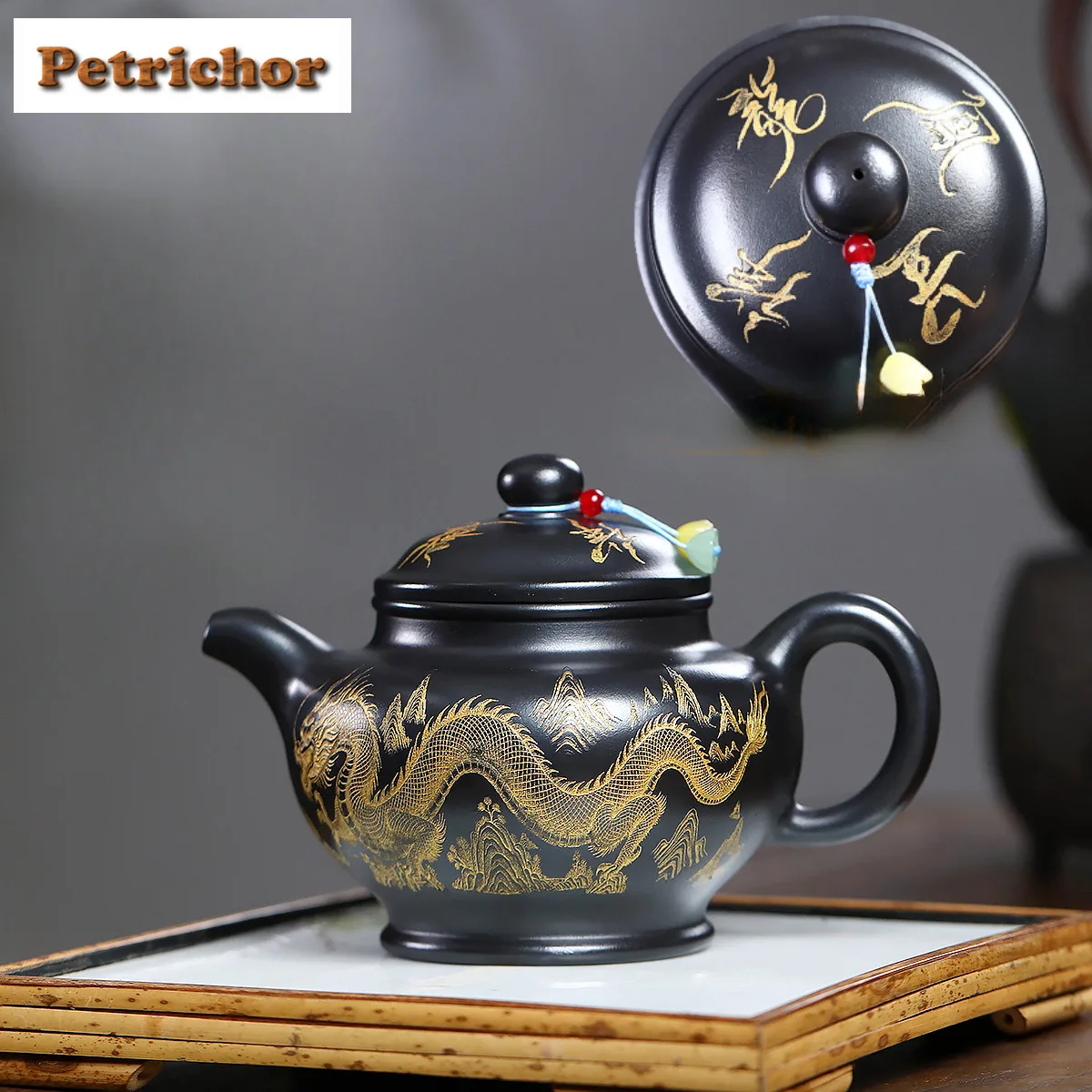 

530ml Yixing Purple Clay Teapots Handmade Gold Dragon Phoenix Duo Zhi Pot Raw Ore Stone Yellow Mud Kettle With Strainer Zisha