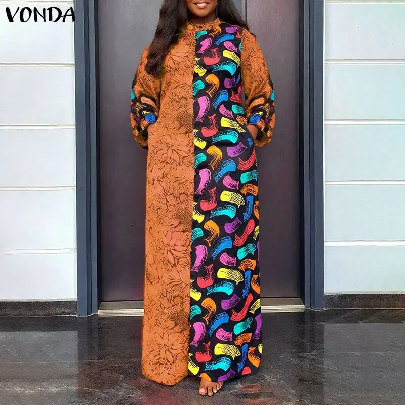 

Платье макси VONDA в богемном стиле, большие размеры до 5XL, с принтом, винтажное, с воротником-стойкой, для вечеринок, осеннее, женское