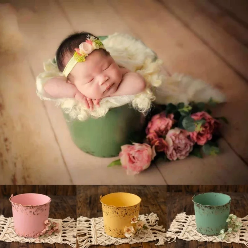 Newborn Photography Props for Baby Photo Shoot Vintage Iron Round Bucket Vintage Posing Poser Accessories Studio Shooting Props