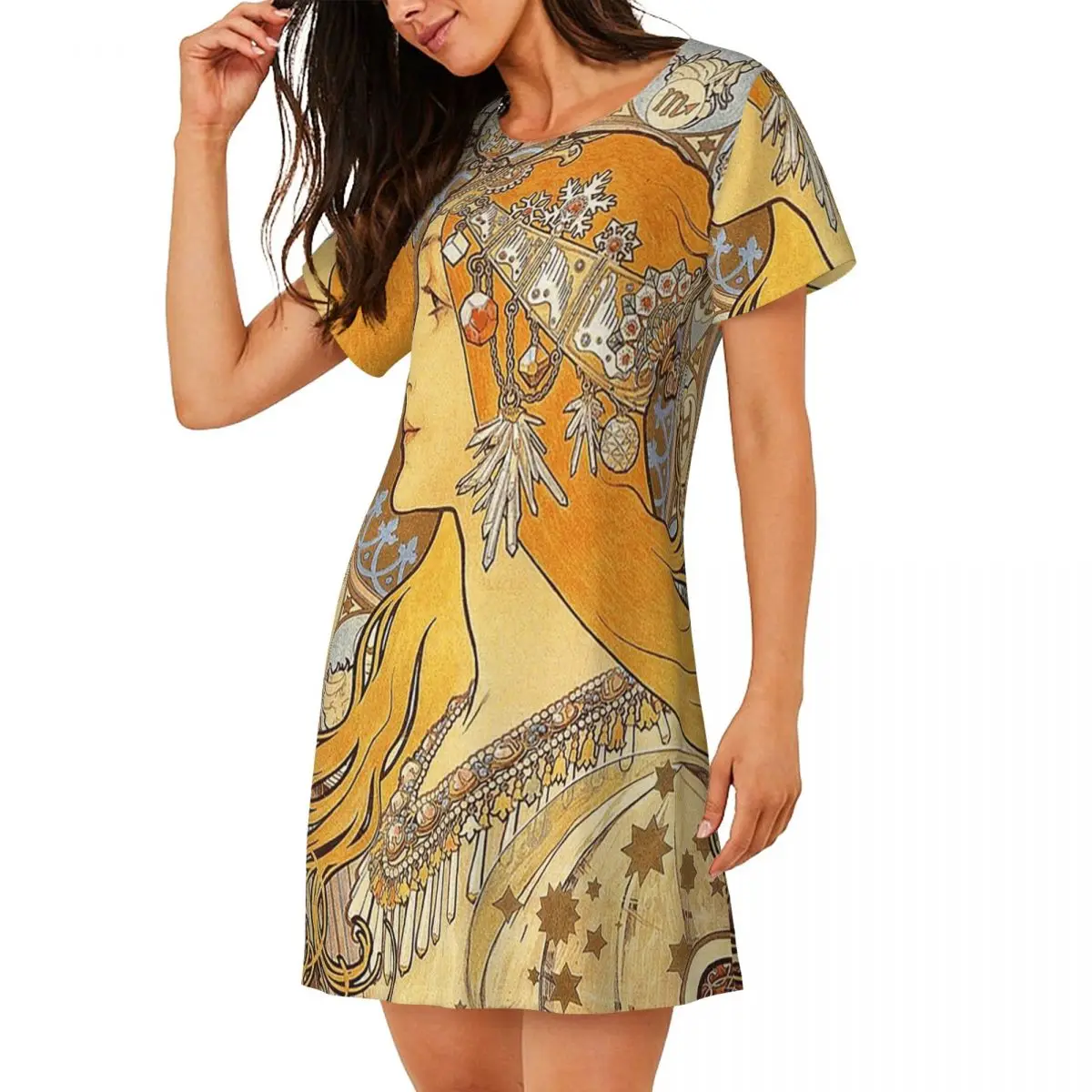 Alphonse Mucha Zodiac Art Nouveau Woman Short Sleeves Nightdress For Sleepshirts Women Short Sleeve Nightgowns Pajama Dress