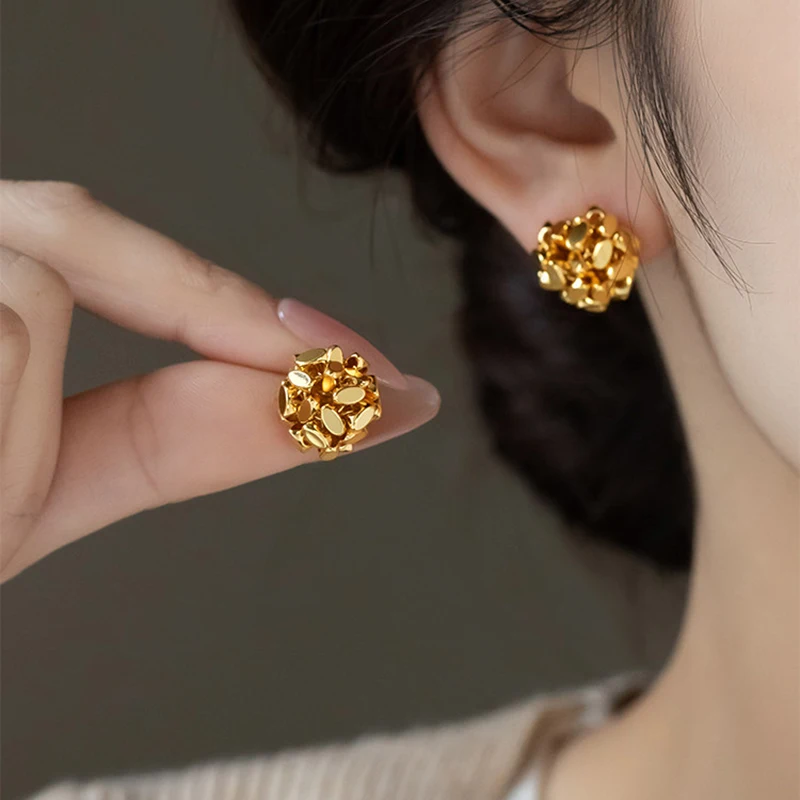 Handwoven Irregular Small Ball Earrings for Women and Man Golden Color Metal 3D Design Accessory Luxury High-End Feel Jewelry