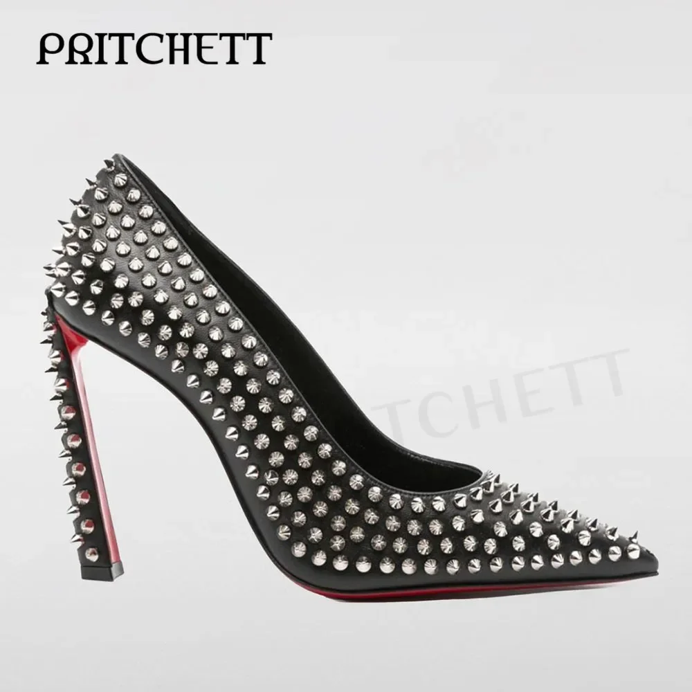 

Studded Black Leather Pumps with Pointed Toe and Stiletto Heels Slip-On Casual High Heels Fashionable Large Size Women's Shoes