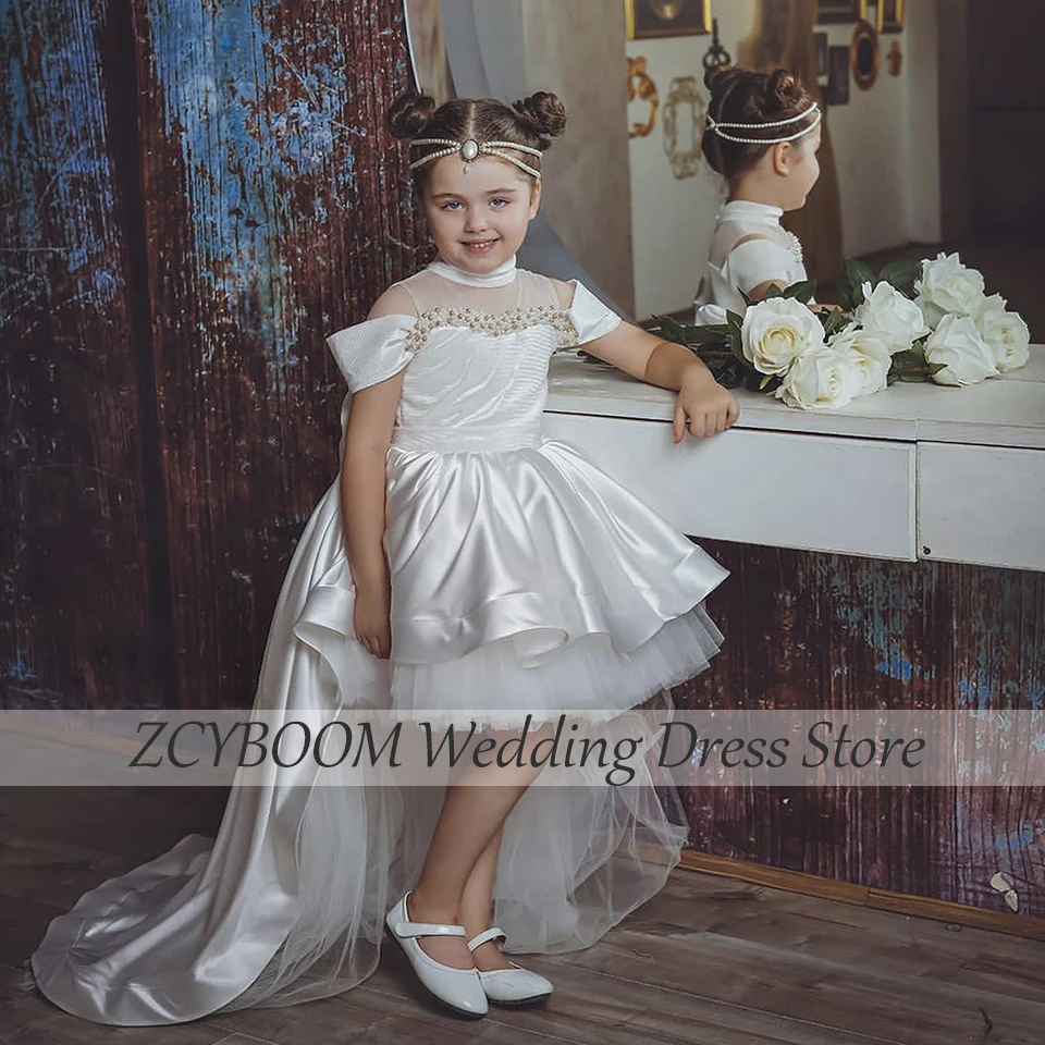 Lovely High-Neck Pearls Bow Off The Shoulder Flower Girl Dress For Wedding 2023 Ball Gown Little princess First comunione Dress