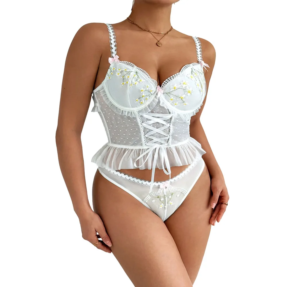 

Sexy Countryside Floral Print Lace Trim Strap Vest Women's White Pure Desire Underwear 2-pieces Sets Faionable ort Length V-Neck