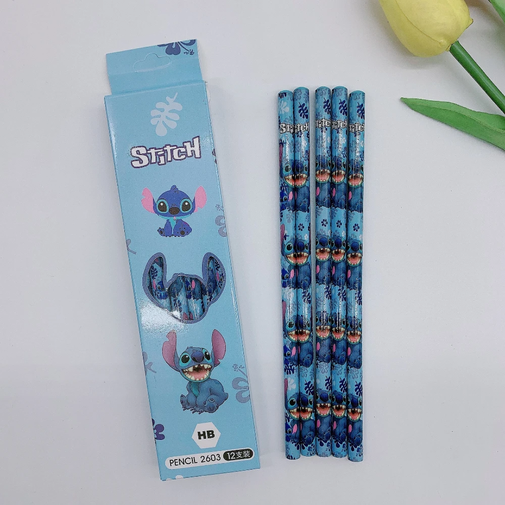 Disney 12pcs Stitch Anime Figures Cartoon Dot Pencil Student School Supplies for Kids Pencils Pencil Roller HB Pencils Best Gift