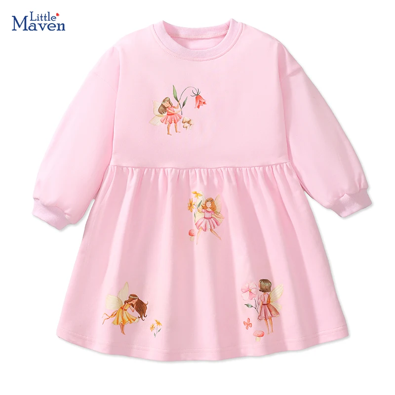 Little maven 2024 Baby Girls Long Sleeves Dress Cotton Lovely Cartoon Fairy Flowers Autumn Casual Clothes for Kids 2-7 year