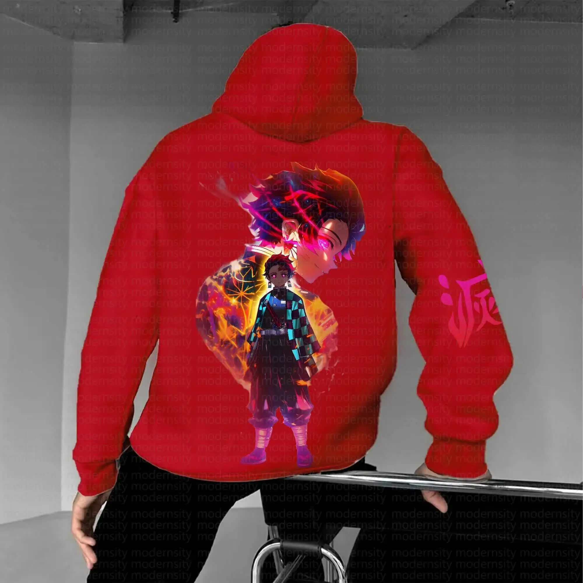 

Demon Slayer Kimetsu No Yaiba Tanjiro Kamado Red Hoodie Set Character Back Print Flame Pattern Design Cotton Sweatshirt
