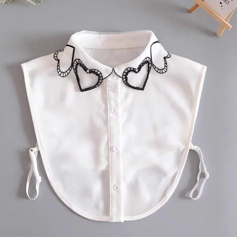 Heart Embroidery White Fake Collar Beads Detachable Collar Fake Women Vintage Crystal Lace Ladies False Blouse Collar Half Shirt