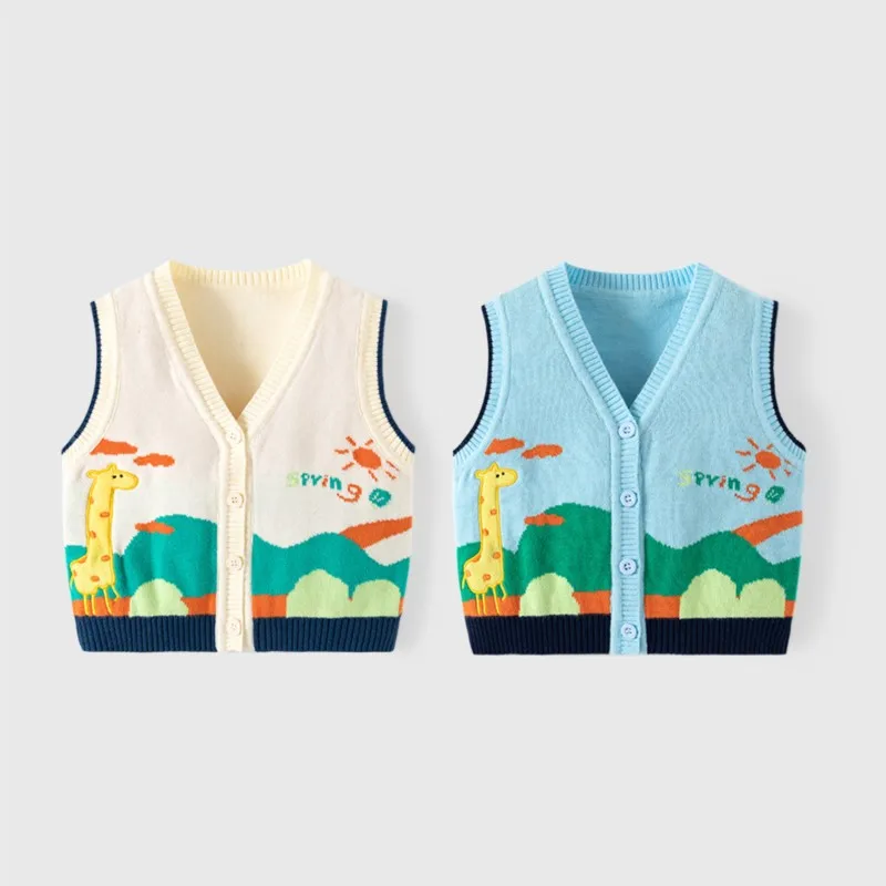 Autumn 1-5Y Kids Boys Waistcoat Cartoon Jacquard Colourful Toddler Boys Vest Soft Cotton Contrast Children Baby Boys Knitwears