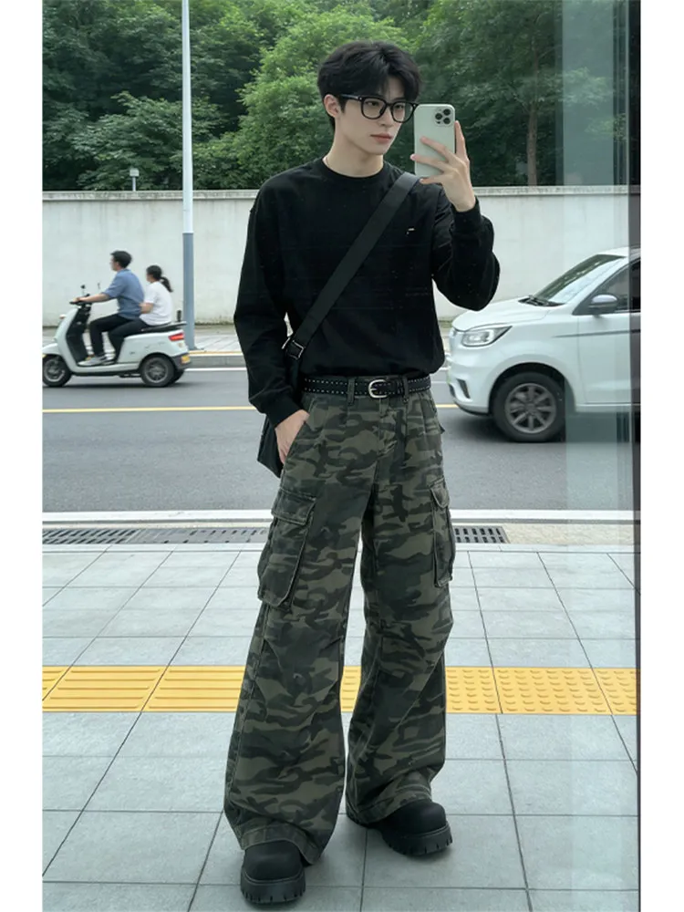 

Американские ретро-брюки-карго с камуфляжным принтом, мужские повседневные свободные джинсы с широкими штанинами и карманами, молодежные джинсы в уличном стиле