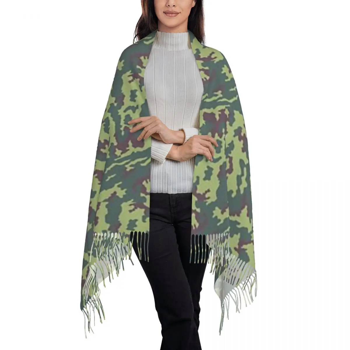 Russian Woodland Camouflage Scarf Tassel Scarves for Women Soft Warm Shawls and Wraps Large Fall Winter Shawl Wrap