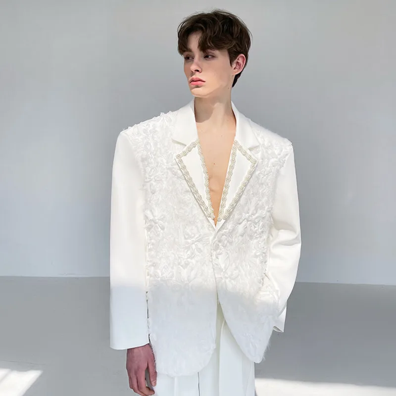 WVGA Spring Autumn New Men Heavy Craft Three-Dimensional Jacquard Design Pearl Collar Blazer Niche Chic Casual Jacket Ins W26026