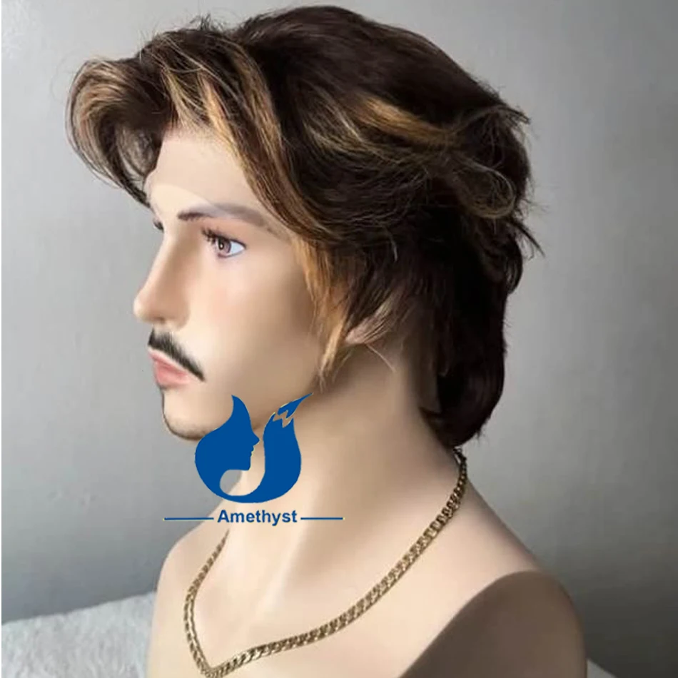 Amethyst Full Lace Highlight Wavy Short Pixie Cut Wig for Men Middle Part Dark Brown Base Brazilian Remy Hair Pre Plucked