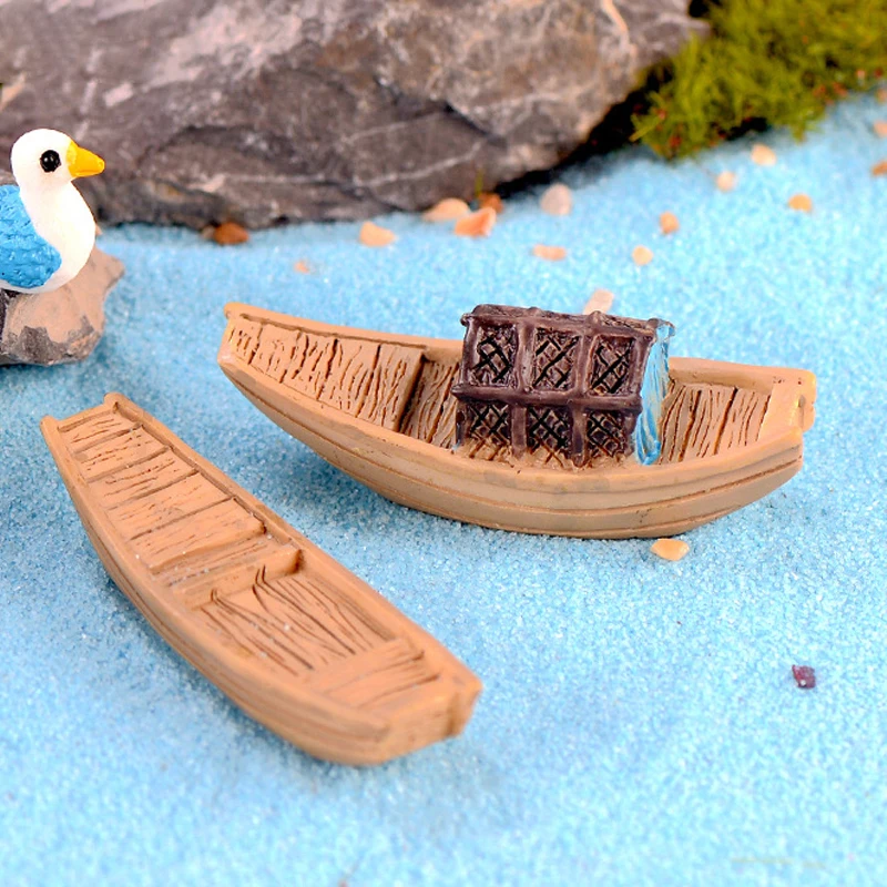 Retro Miniature Resin Boat Figurines Awning Boats Micro Landscape Dollhouse Bonsai Ornament Craft Garden Decor Home