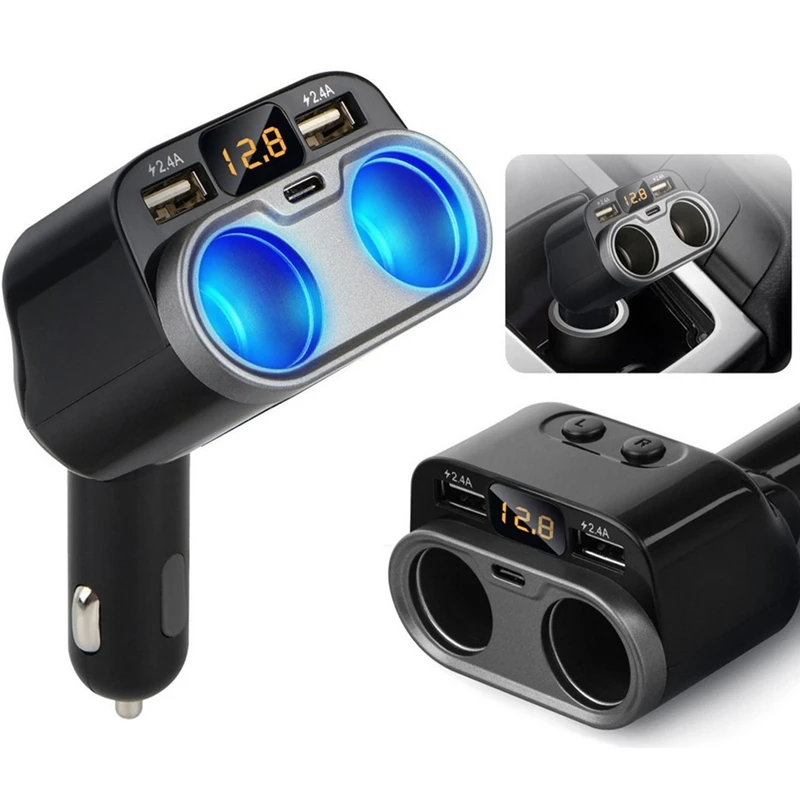 NEW-Car Charger 2 Sockets Cigarette-Lighter Splitter 12/24V USB Type-C Ports Separate Switch LED For Cell Phone GPS Dash Cam