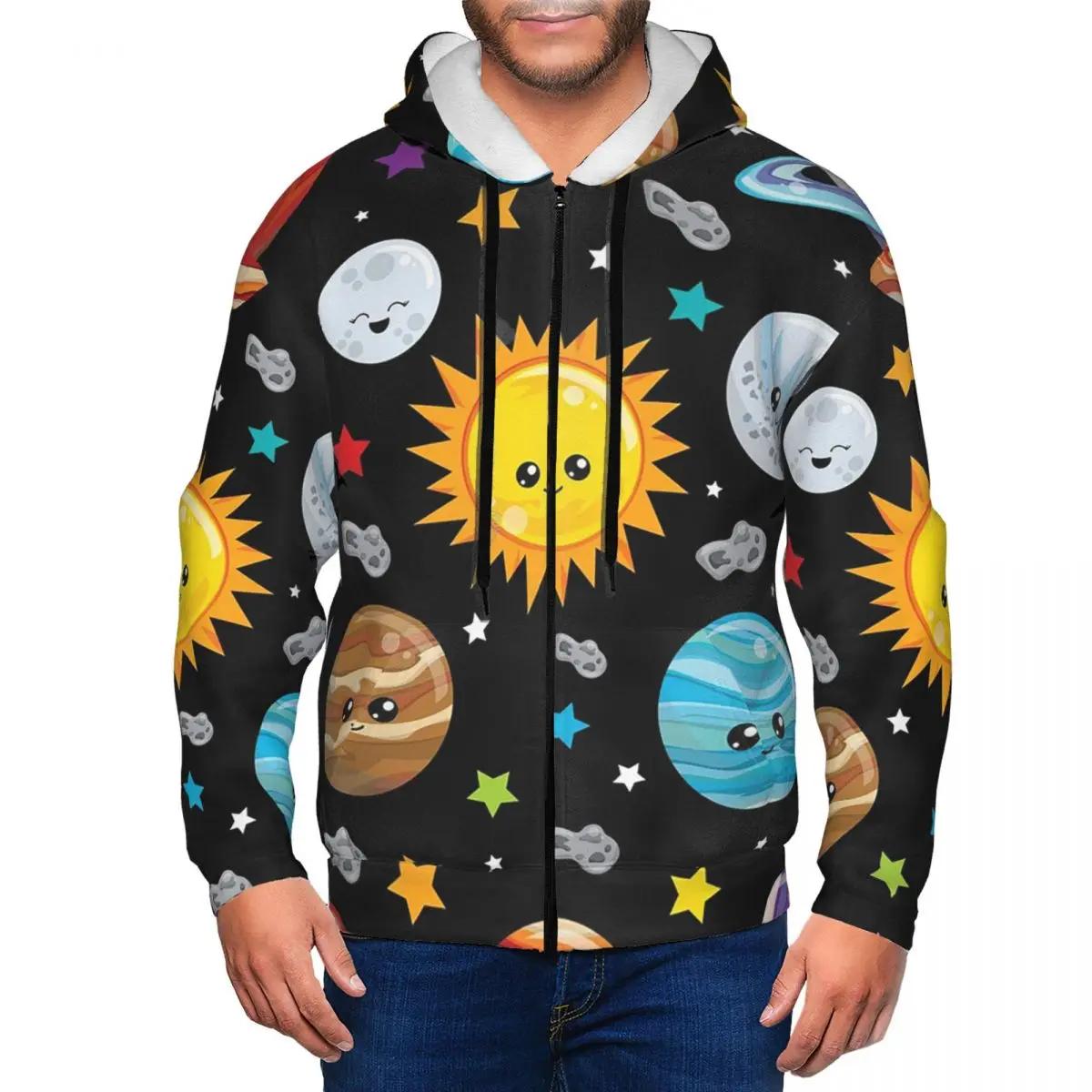 Kawaii Planets Cute Solar System Zipper Hoodies Harajuku Pullover Autumn Winter Men's Women's Sweatshirts Long Sleeve Tops