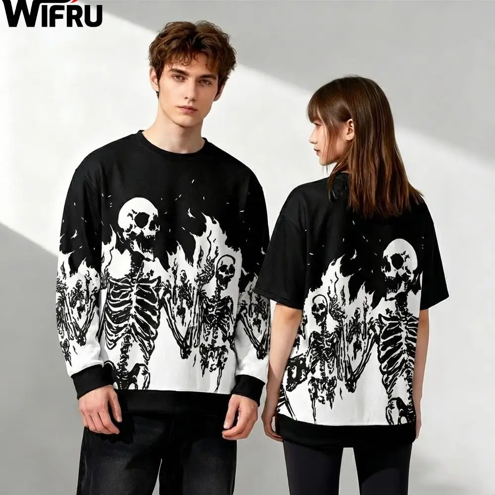 

American Retro Horror Skull Print Pullover Y2K Street Style Hip Hop Loose Long Sleeve Men's And Women's Casual Crew Neck Top
