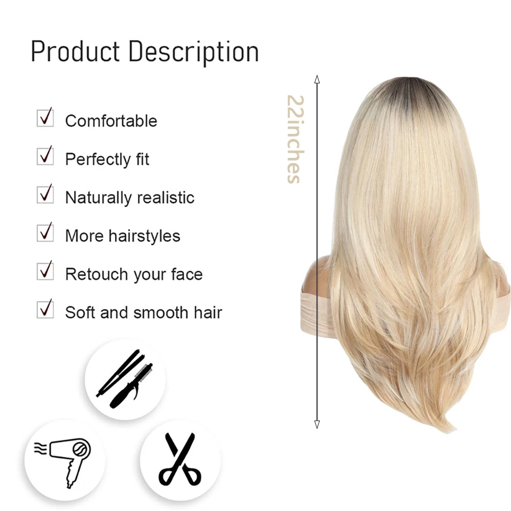 Ombre Blonde Wig With Dark Roots Long Straight Layered with Bangs Heat Resistant Synthetic Hair For Women Daily Cosplay Party
