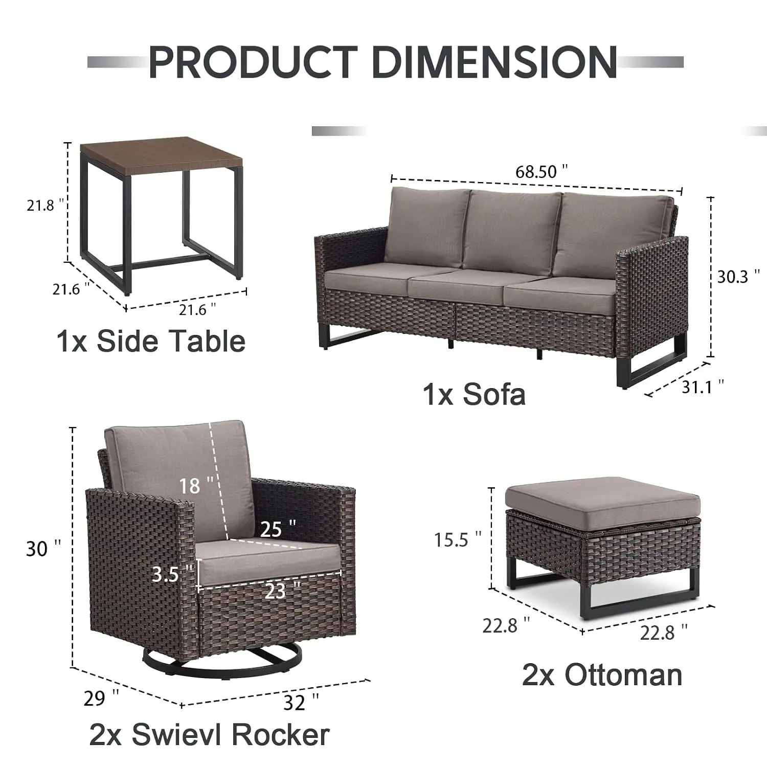 6 Piece Wicker Patio Furniture Set - Outdoor Swivel Rocker Chairs Set with Side Table, 3 Seat Sofa and Ottomans,, Customized