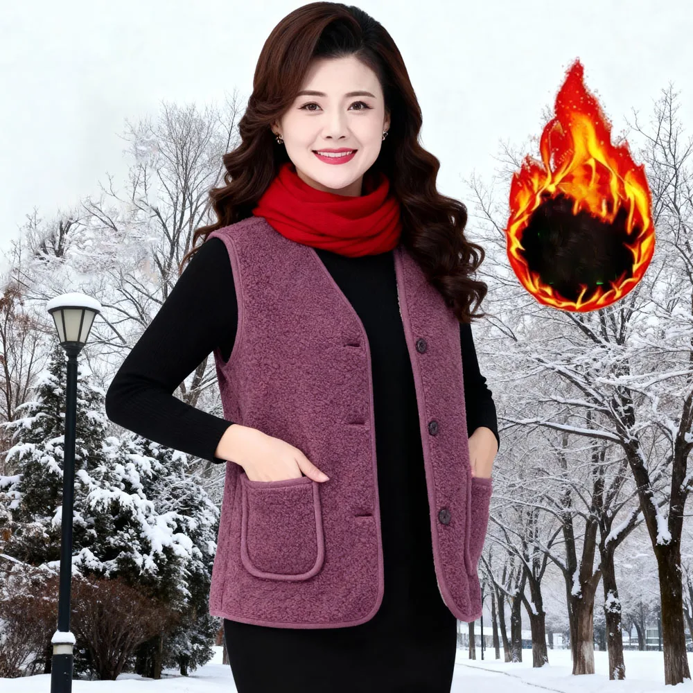 Winter Warm Fleece Vest for Mom Thickened Lamb Wool Waistcoat Outerwear Plus Size Sleeveless Jacket for Elderly Women
