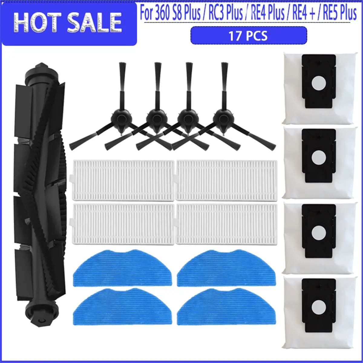 

Запасные части для робота-пылесоса 360 S8 Plus / RE4 Plus / RE5 Plus / RC3 Plus: роликовая щетка, боковая щетка, фильтр, насадка для влажной уборки.