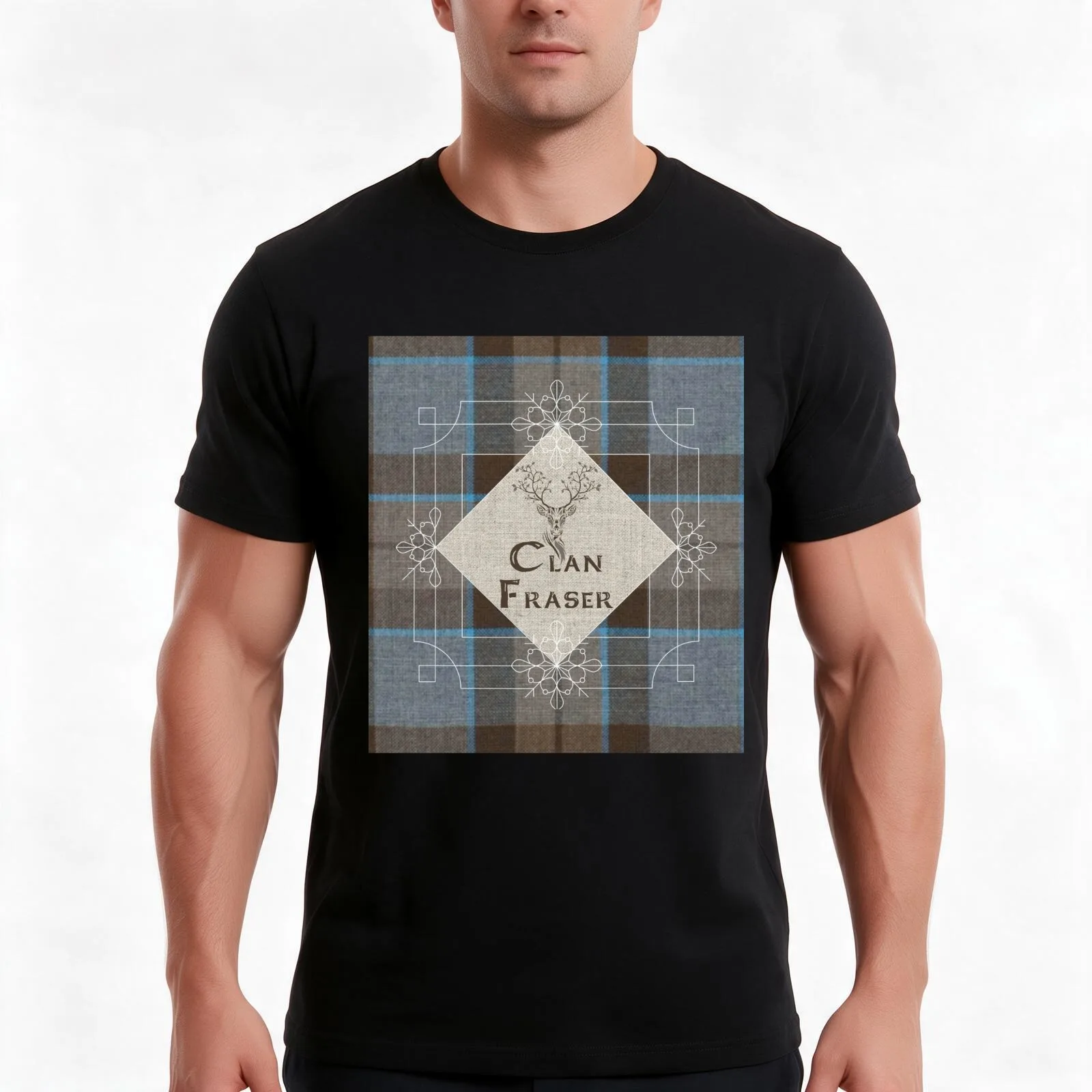 Outlander - Clan Fraser Tartan Kilt - Stag T-Shirt, Summer Casual Cotton Tee, Oversized Streetwear Tops, Vintage Graphic Print