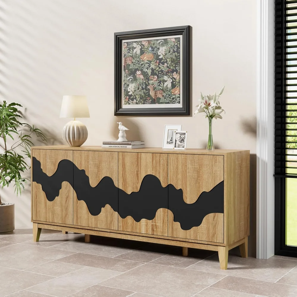 

Buffet Cabinet, 63" Modern Sideboard with Black Water Stream Pattern, Kitchen Storage Cabinet with 4 Doors and Shelf