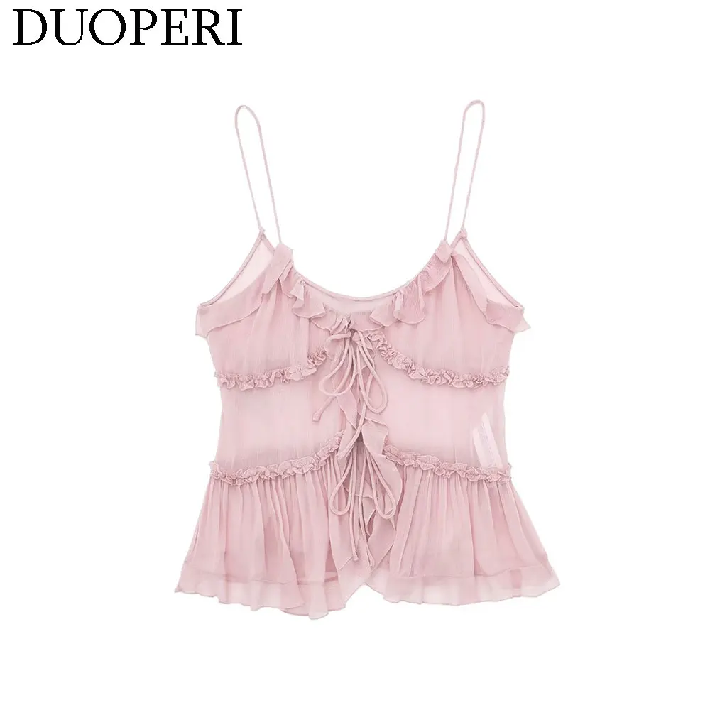 DUOPERI Women Fashion Plain Chiffon Ruffled SemiTransparent Camisole Thin Straps Female Chic Lady Casual Vintage Tops Tank