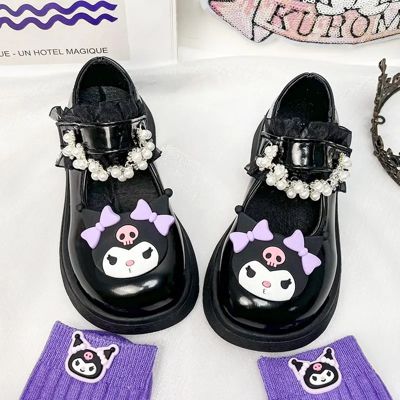 Princess Kawaii Sanrio Kuromi Anime Shoes Spring Autumn Pearl Board Shoes Fashion Children Leather Lovely Gifts for Kids