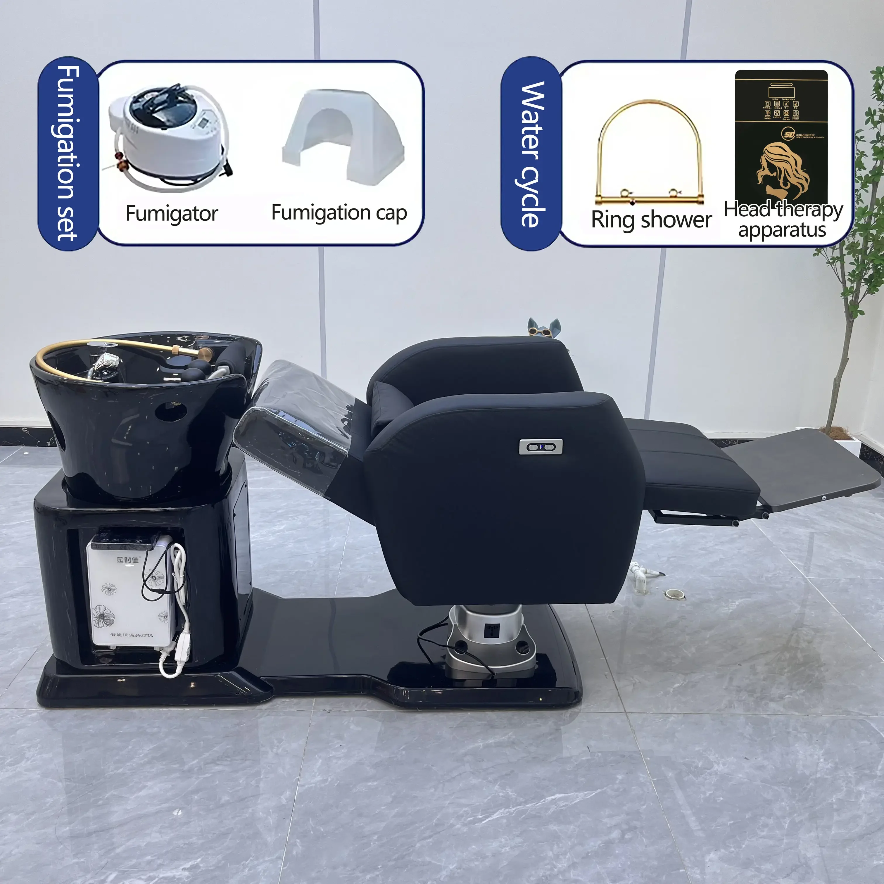 

180° Rotation Multifunctional Hair Care Chair Strong Sturdy Spa Ceramics Easy-to-Fold Black Leather for Hair Treatments