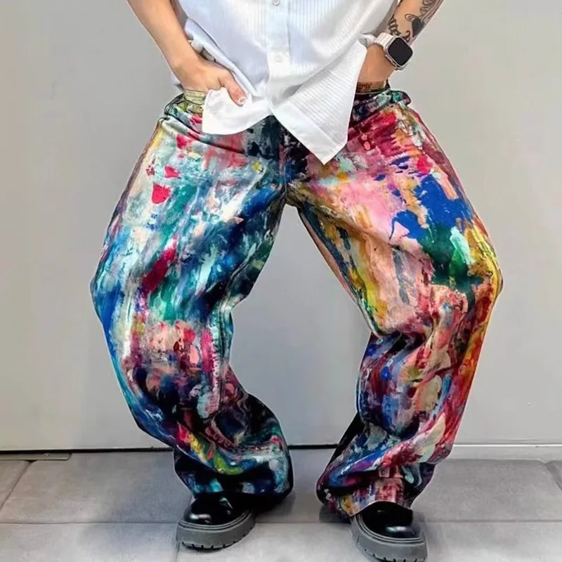MWJLPWQ Y2K الهيب هوب نمط ملون الكتابة على الجدران الجينز الرجال شارع العليا فضفاض للجنسين واسعة الساق السراويل المد مستقيم الدينيم بنطلون 21062