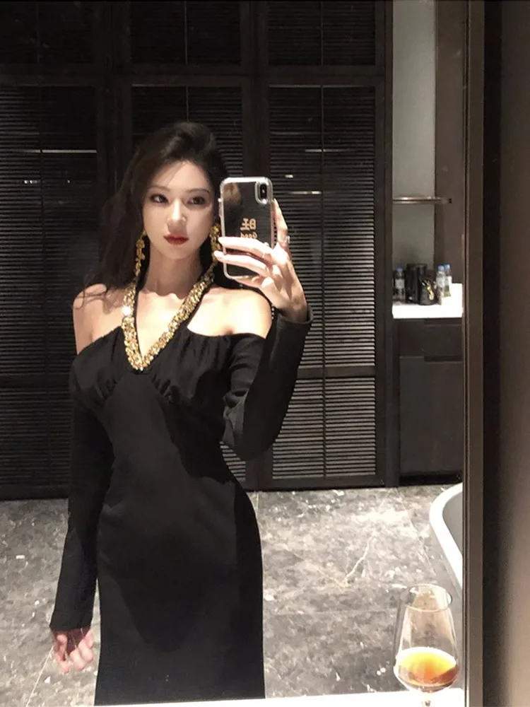 

Ele Bla Off-oulder Long Dr Sexy Hepburn Sle Birthday Par Women's Faionable Korean Version Heavy Embroidery