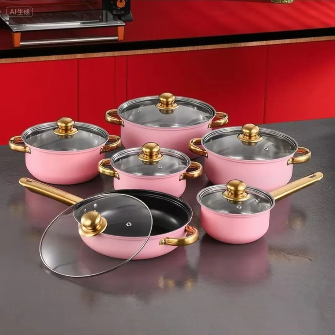 Stainless Steel 12-Piece Cookware Set Pots (Milk/Soup) Frying Pan Modern Design Glass Cover Non-Stick Uncoated Single Bottom