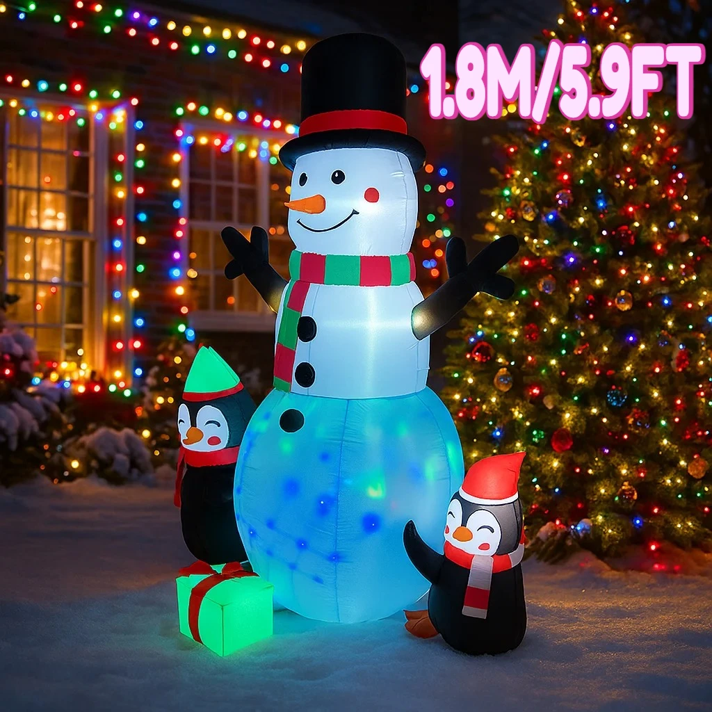 1.8M/5.9FT Inflatable Snowman Penguin Gift  Lights LED Home Holiday Lighting Decorations Yard Xmas Supplies Garden Lawn Decor