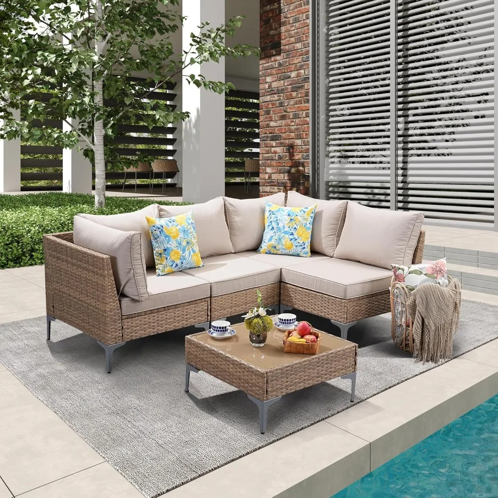 Patio Furniture Set, Rattan Wicker Outdoor Conversation Set, sectional Sofa with Anti-Slip & Thick Cushions for Garden,