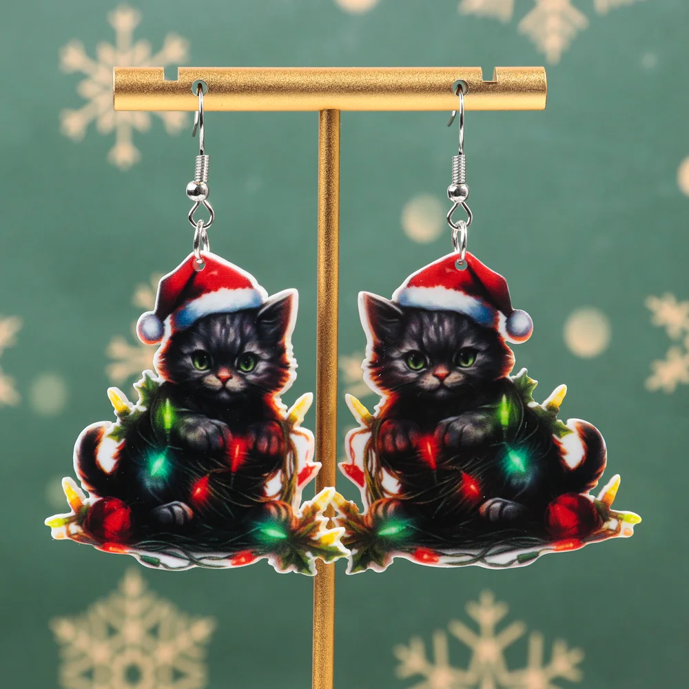 Christmas Black Cat Illumination Acrylic Drop Earring for Women Cute Cartoon Animal Pendant Earrings Fashion 2025 Jewelry