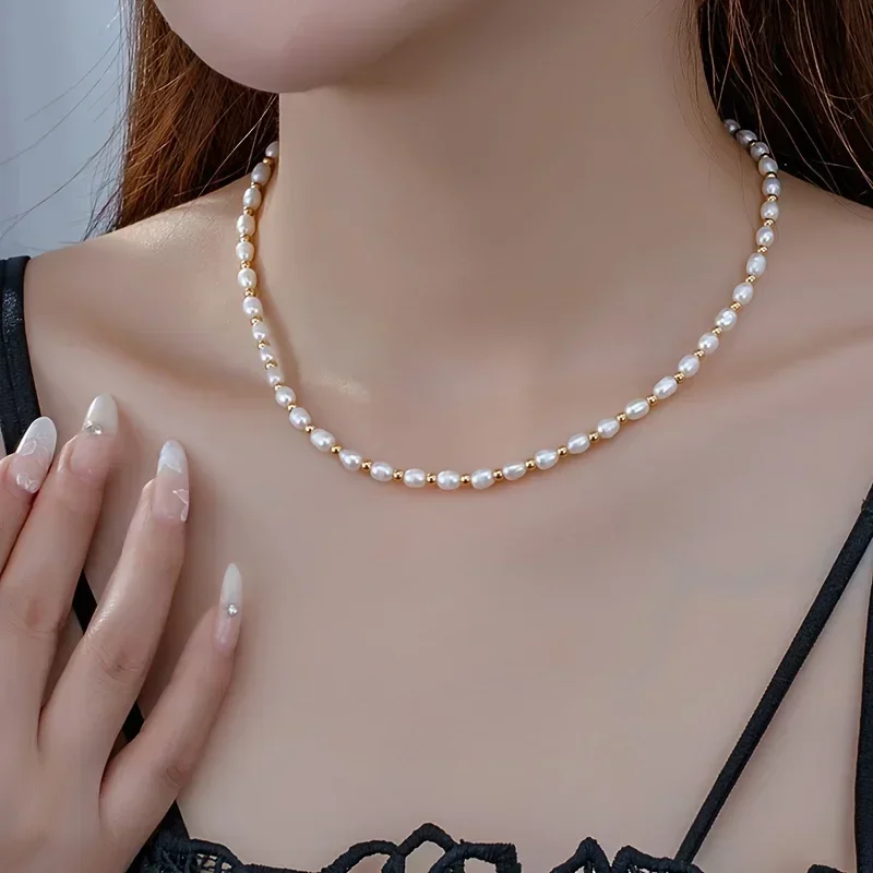 HENGSHENG 6-7mm Natural Freshwater Pearl Necklaces for Women Girls 40+5cm Rice Shape Pearl Choker Jewelry Gifts Wholesale