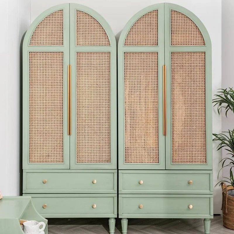

Solid wood rattan retro green double door wardrobe Japanese simple bedroom storage cabinet