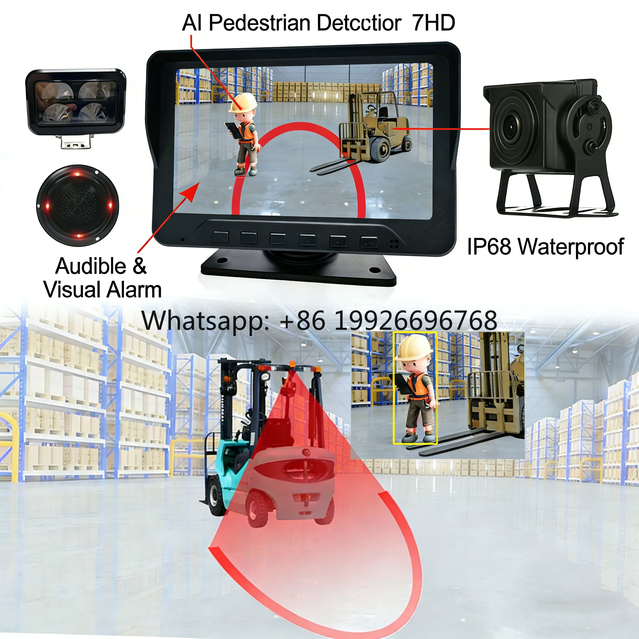 

AI Forklift Collision Avoidance System 7" HD Monitor Pedestrian Detection Audible Visual Alarm IP68 Waterproof for Truck 12-36V
