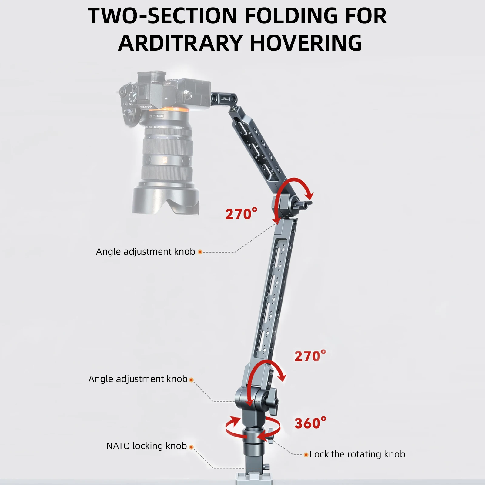 Supporto per telecamera sopraelevata 360 °   Braccio articolato con supporto a sbalzo girevole con supporto da tavolo con filettatura da 1/4" per telefono/iPad