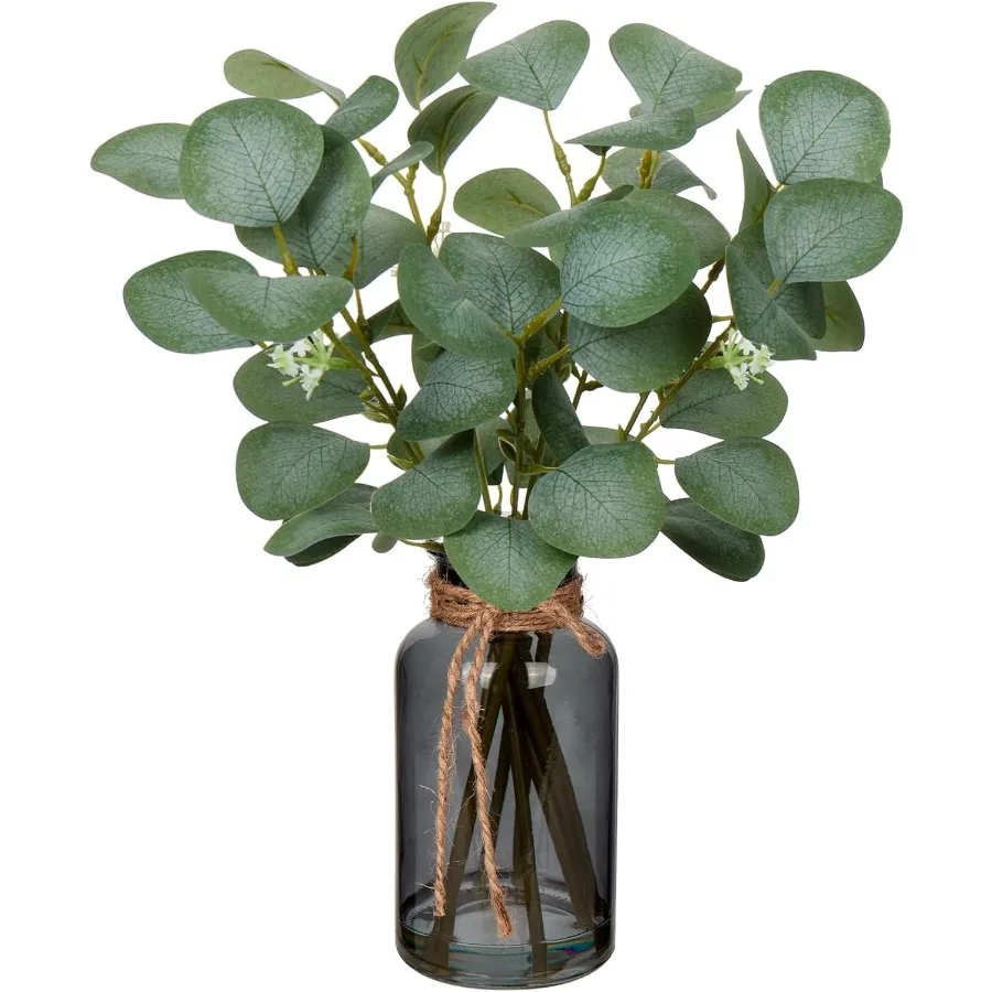 

Artificial Eucalyptus Stems in Black Glass Vase with Faux Water 14 Fake Plant Eucalyptus Leaves for Home Office Farmhouse Weddi