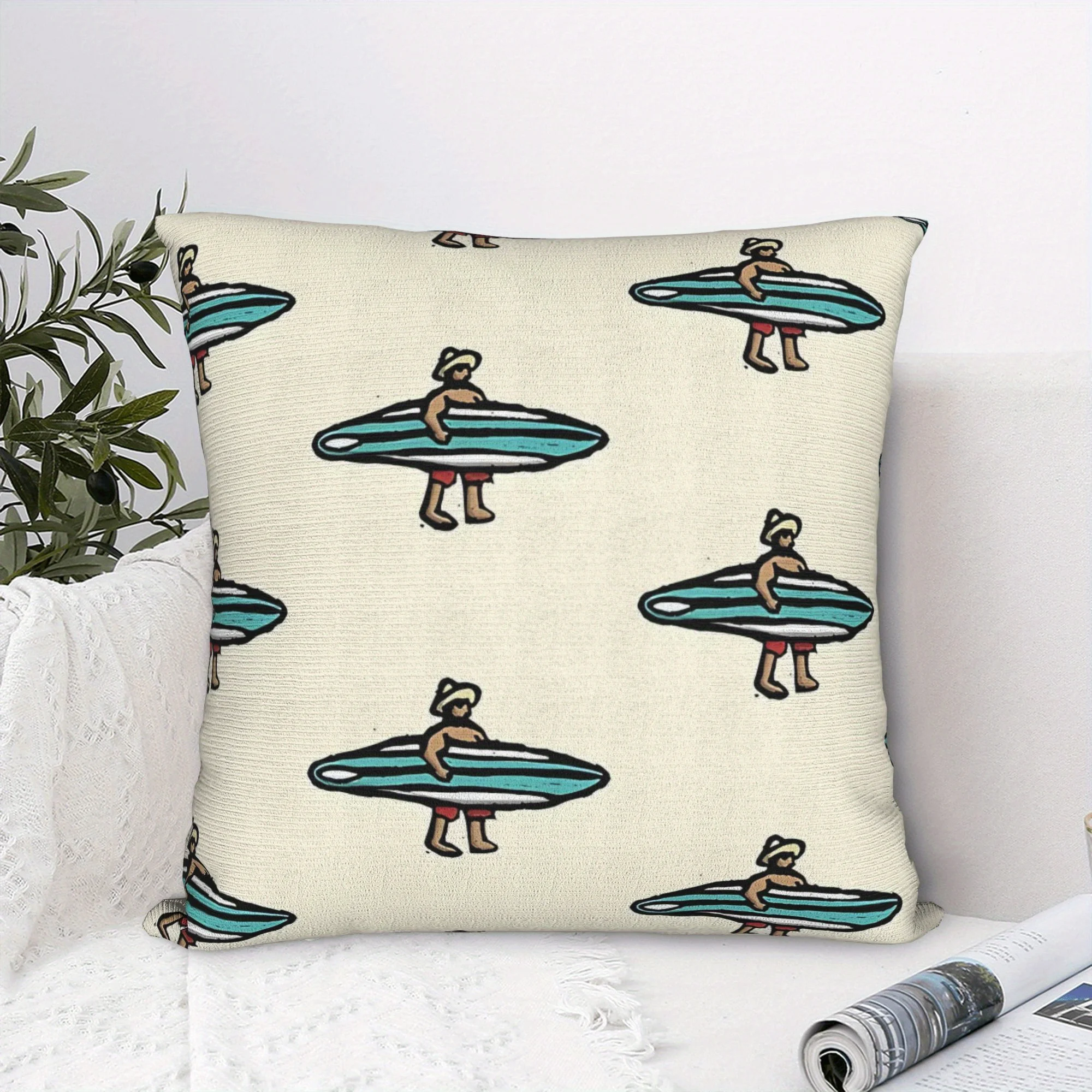 1pc Surfer Print Pillow Cover 45x45cm – Cream Polyester Zipper, Machine Washable, Beach Theme Decor for Sofa/Living Room