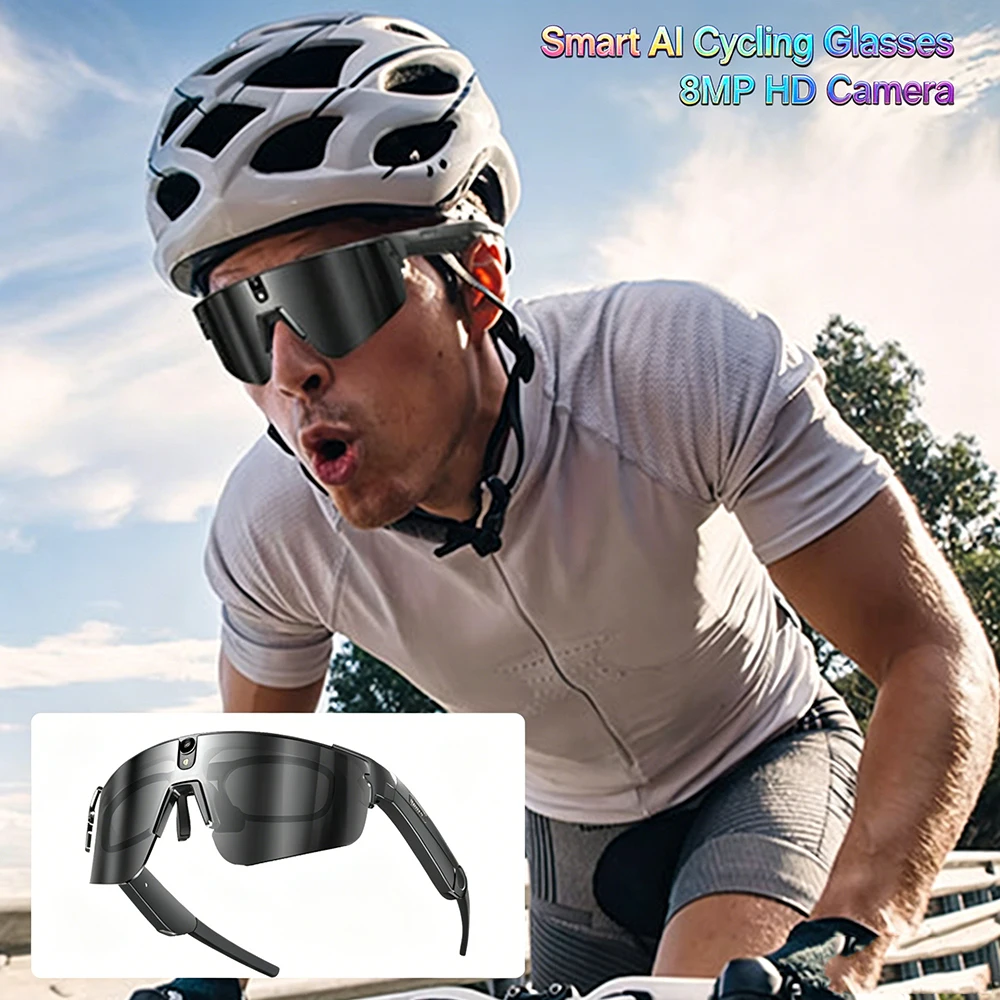 

New AI Smart Cycling Glasses 8MP Camera 3D 6-Axis Gyroscope Anti-Shake BT CaIl IP66 Waterproof Sport Sunglasses AI Translation