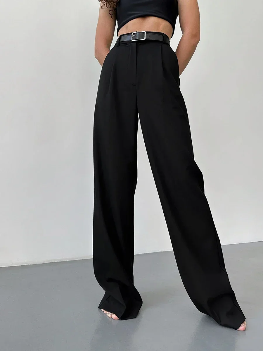 Sumuyoo Autumn Office Ladies Trousers Women High Waist Pants Pockets Female Summer Pleated Wide Leg Solid OL Pants Women