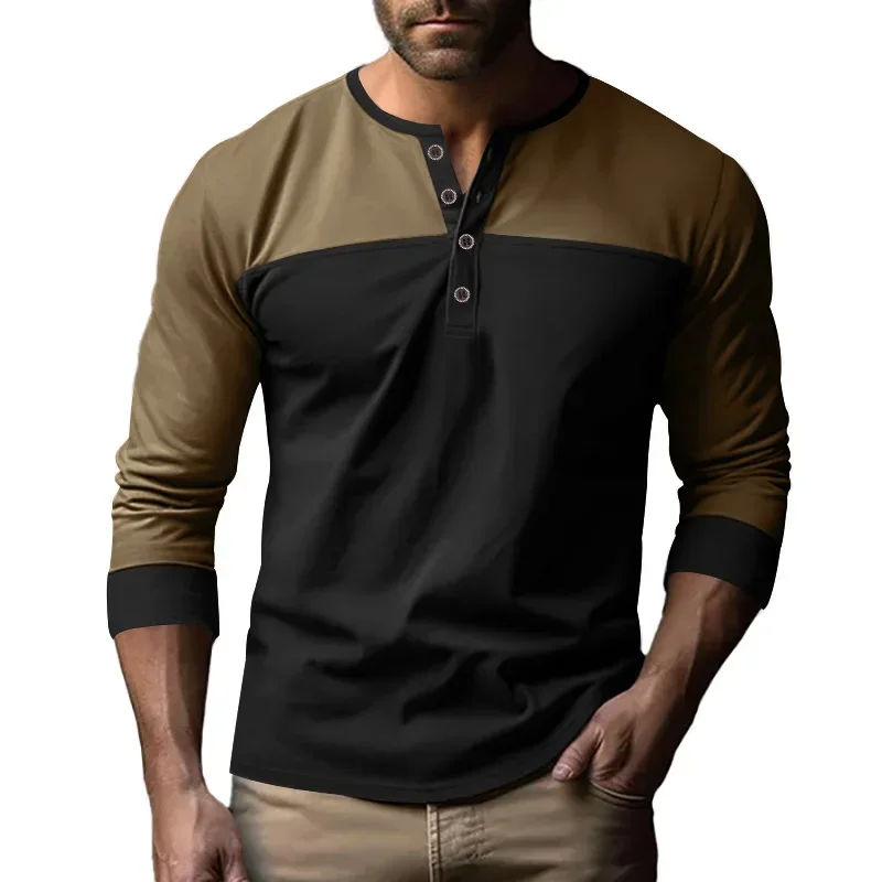 LIBIELIY New Fashion Four Seasons Men's Vintage Color-coded Long Sleeved Henry Collar Underwear Men's Casual Trendy Stretch Swea