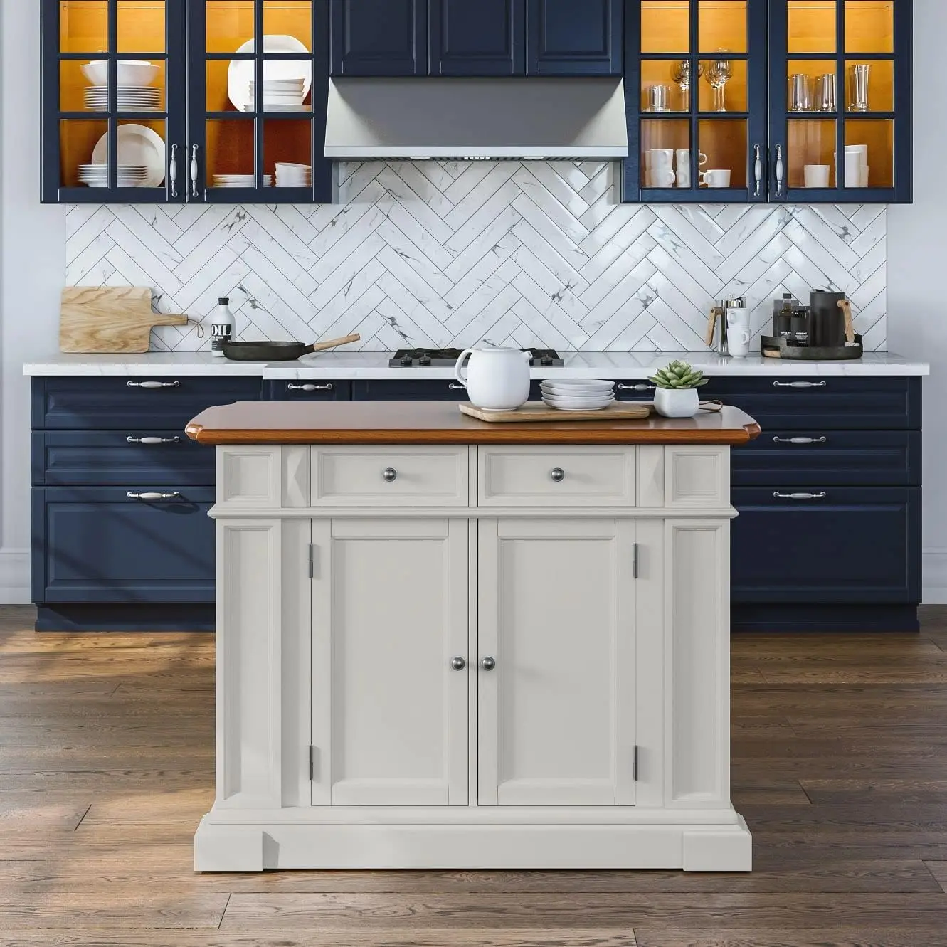 Americana Kitchen Island with Wood Top and Drop Leaf Breakfast Bar, Storage with Drawers and Adjustable Shelves