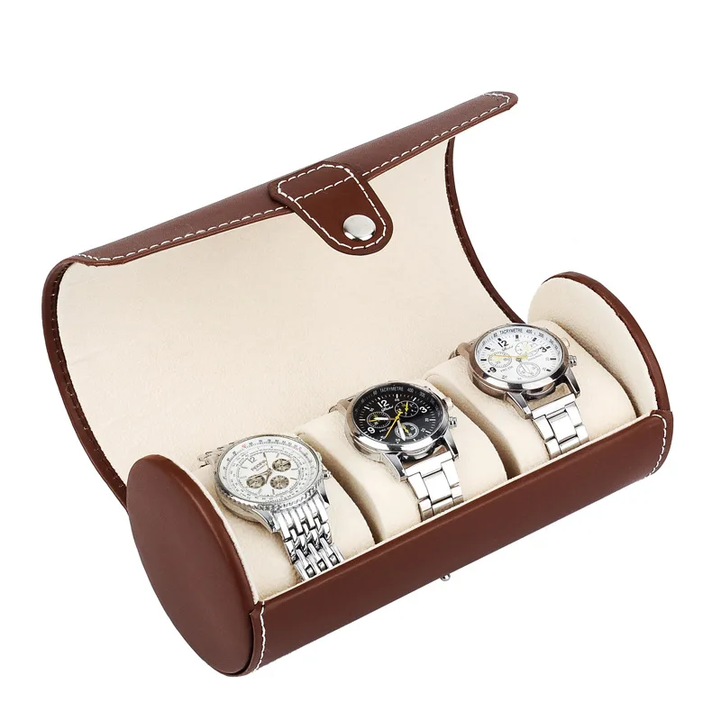 PU Leather Watch Storage Box Mechanical Watch Display Packaging Box round Cylinder Three Places High End Watch Case